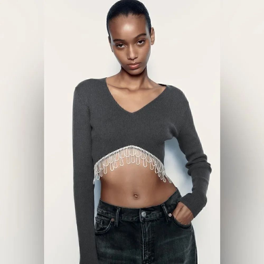 ZARA RHINESTONE SOFT CROP TOP - Picture 5 of 12